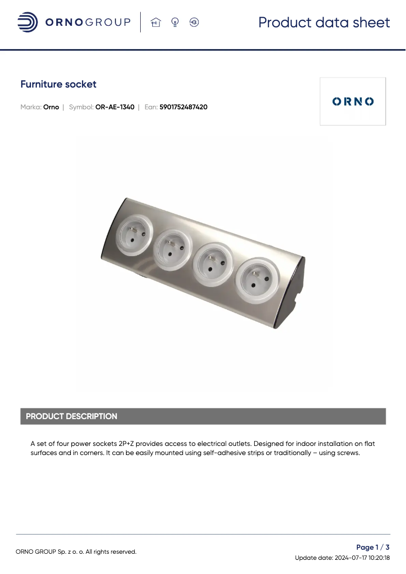 Page 1 de la notice Fiche technique ORNO OR-AE-1340