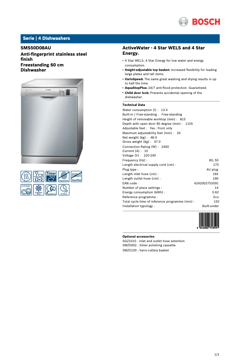 Image de la première page du manuel de l'appareil SMS50D08AU