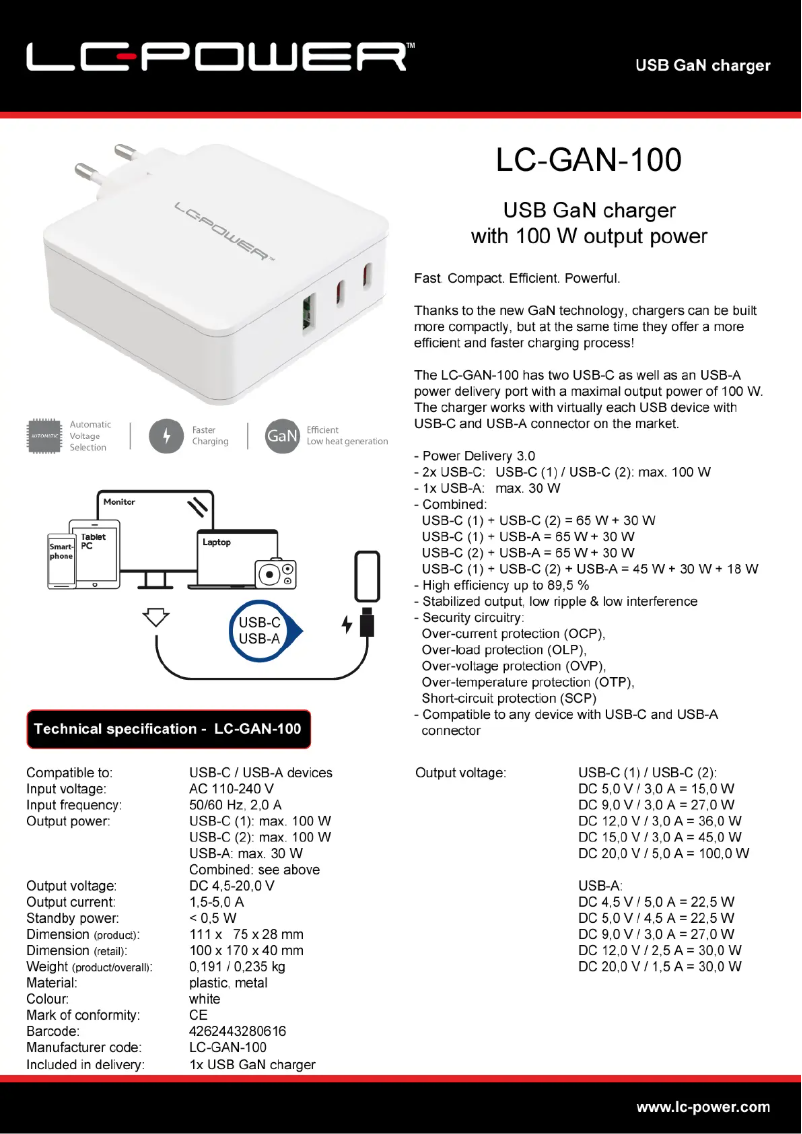 Page 1 de la notice Fiche technique LC-Power LC-GAN-100