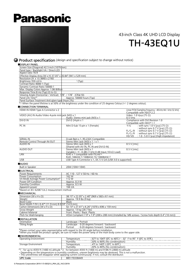 Page n°1 - Manuel utilisateur Panasonic TH-43EQ1U