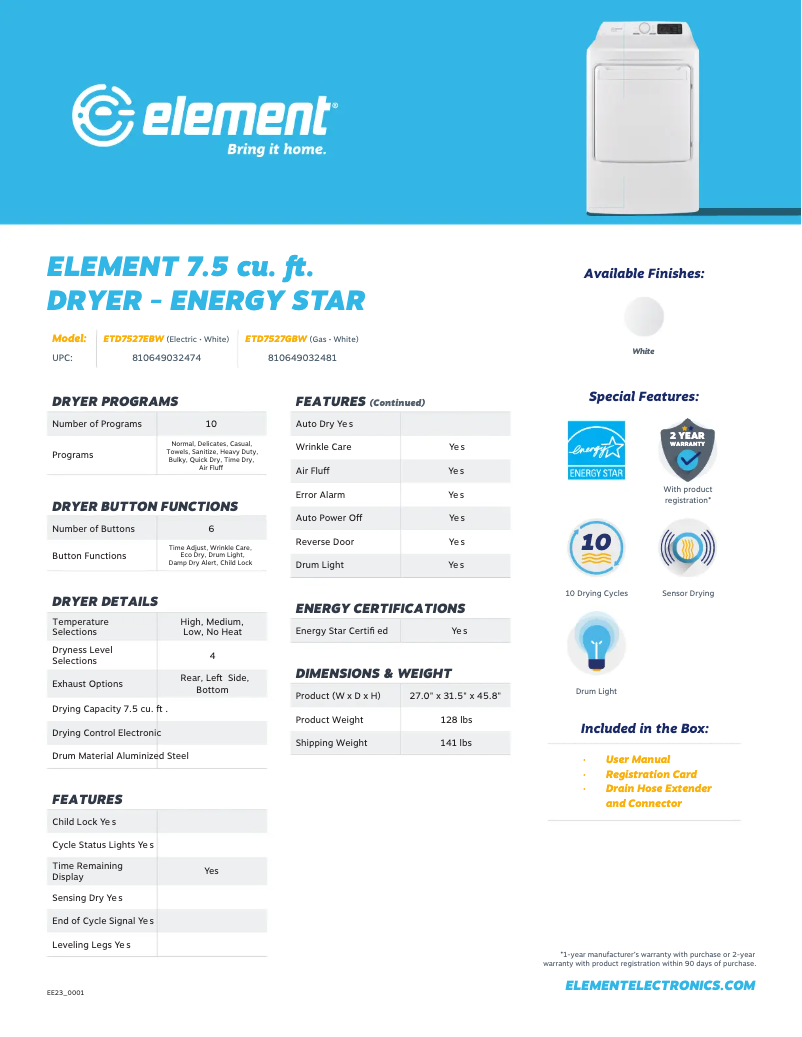 Page 1 de la notice Fiche technique Element ETD7527GBW