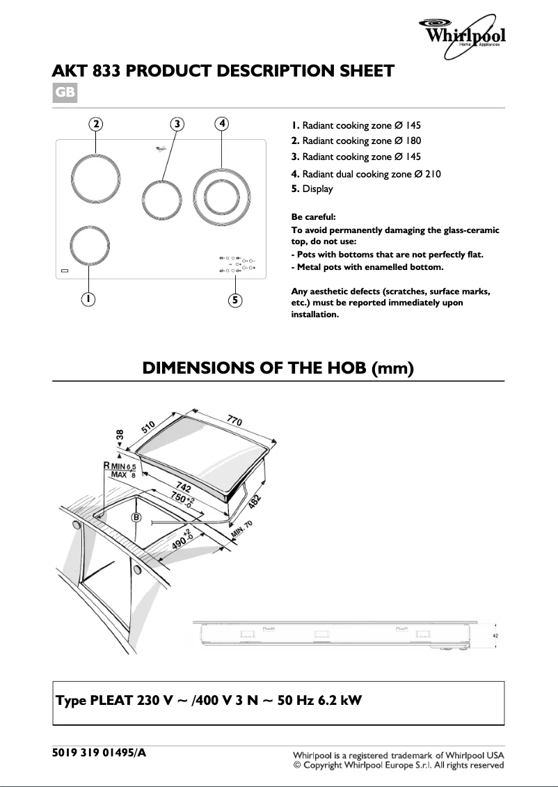 Page 1 de la notice Manuel utilisateur Whirlpool AKT 833 LX