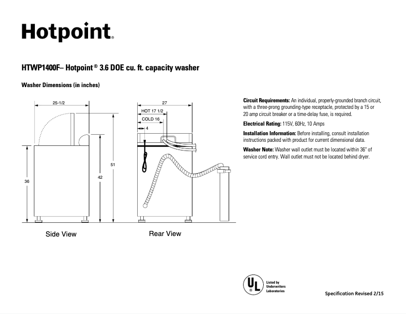 Page 1 de la notice Fiche technique Hotpoint HTWP1400FWW