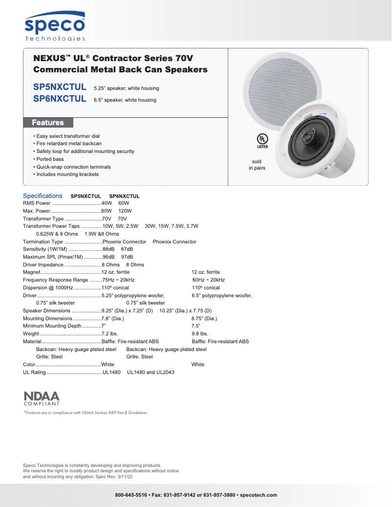 Page 1 de la notice Fiche technique Speco Technologies SP5NXCTUL