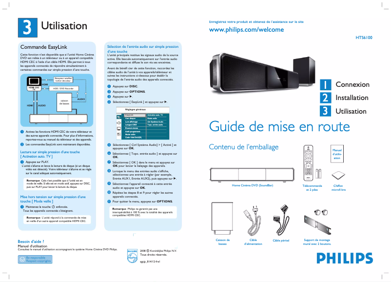Page 1 de la notice Guide de démarrage rapide Philips HTS6100