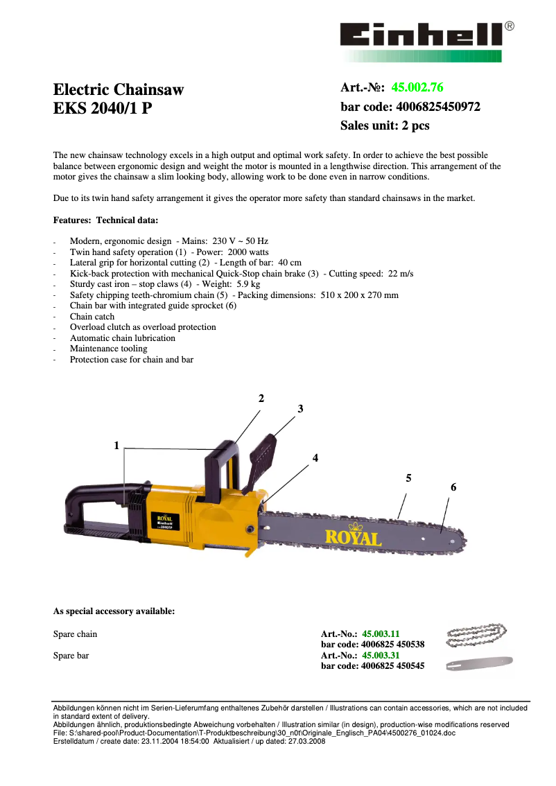 Image de la première page du manuel de l'appareil Royal EKS 2040/1 P