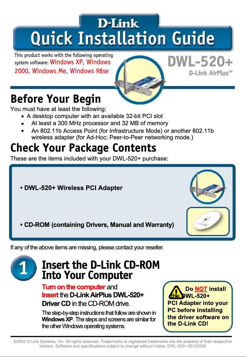 Page 1 de la notice Guide d'installation D-Link AirPlus DWL-520+