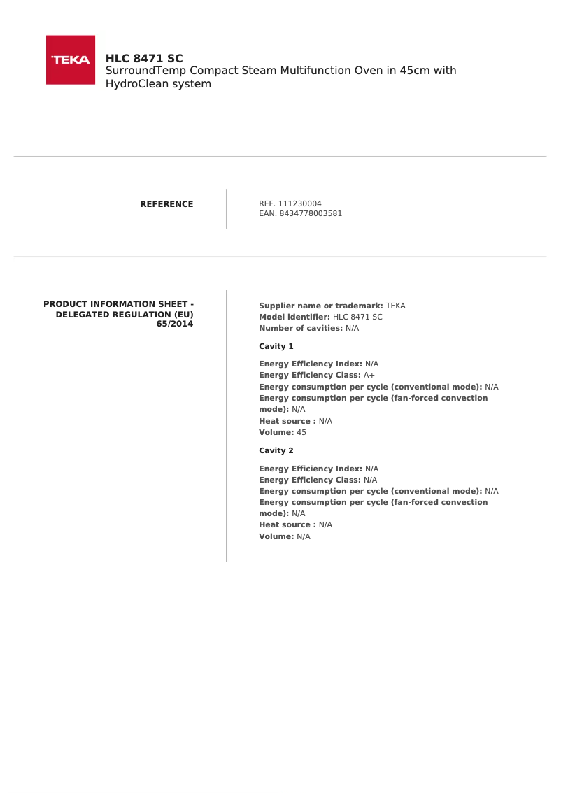 Page n°1 - Fiche technique Teka HLC 8471 SC