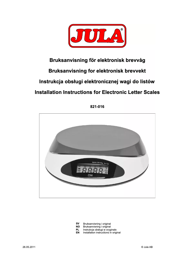 Page 1 de la notice Manuel utilisateur Jula 821-016