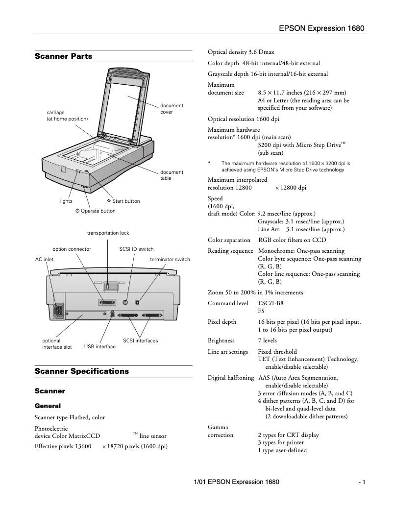 Page 1 de la notice Fiche technique Epson Expression 1680