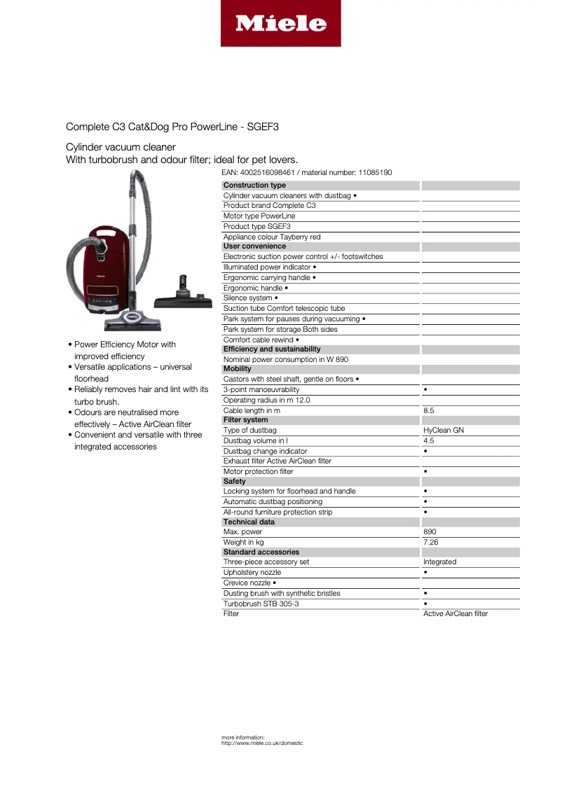 Page n°1 - Fiche technique Miele Complete C3 Cat & Dog Pro PowerLine