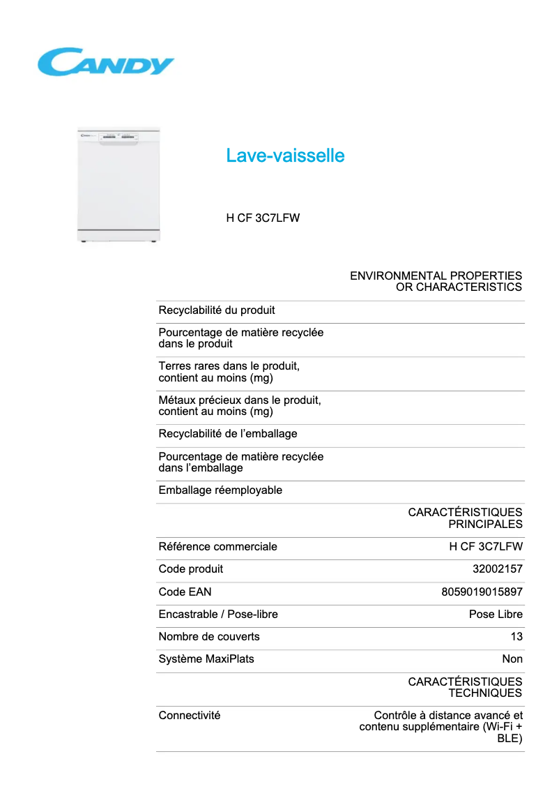 Page 1 de la notice Fiche technique Candy H CF 3C7LFW