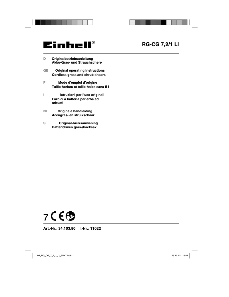 Page 1 de la notice Manuel utilisateur Einhell RG-CG 7,2/1 Li