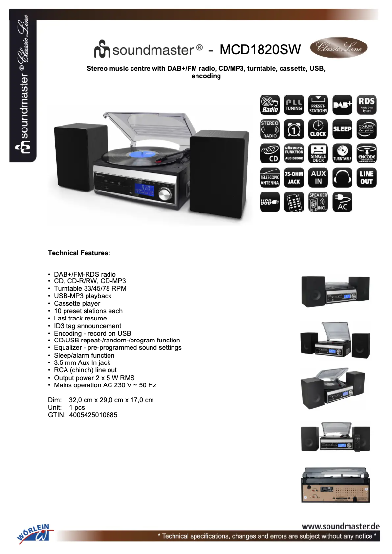 Page 1 de la notice Fiche technique Soundmaster MCD1820