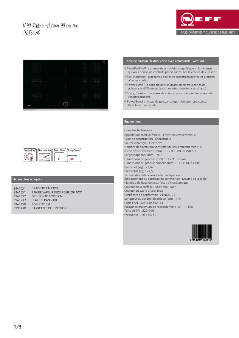 Page n°1 - Fiche technique Neff T59TS51N0