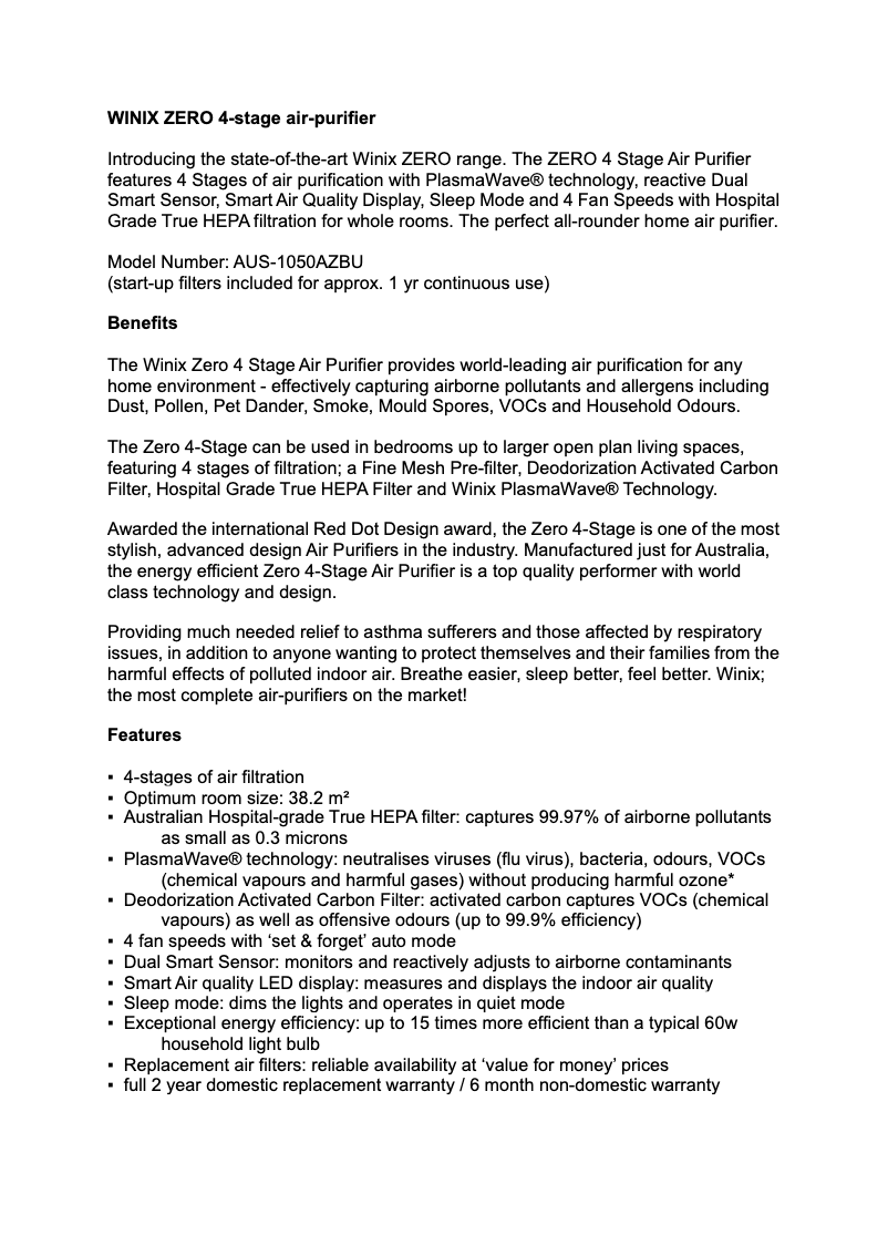 Page 1 de la notice Fiche technique Winix ZERO+ AUS-1050AZBU