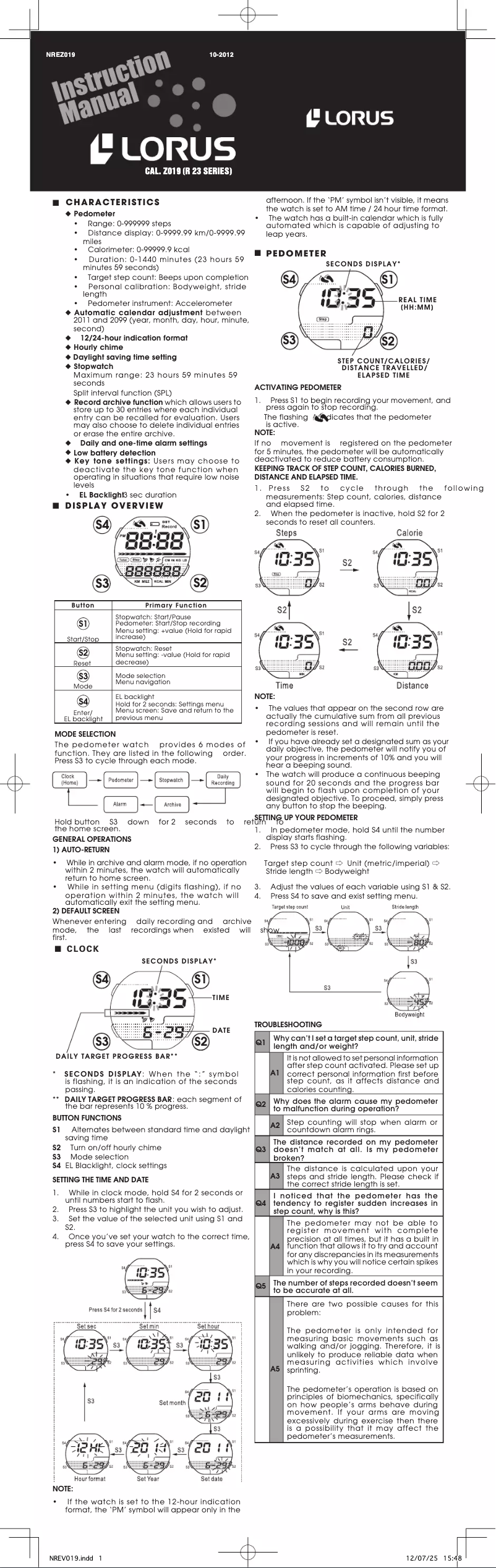 Page n°1 - Manuel utilisateur Lorus Z019