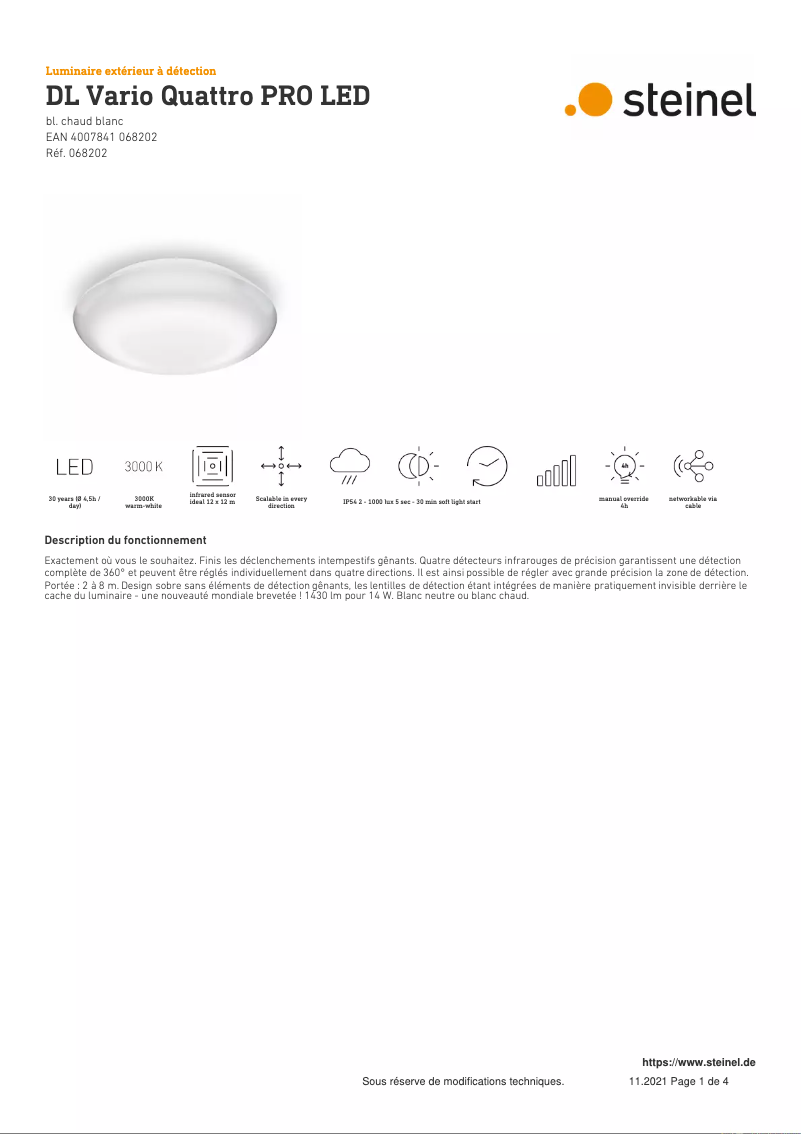 Page 1 de la notice Fiche technique Steinel DL Vario Quattro PRO LED