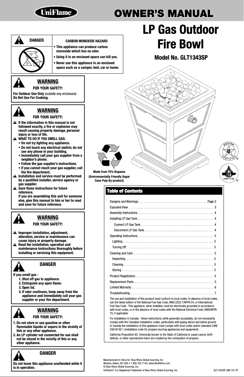 Page n°1 - Manuel utilisateur Uniflame GLT1343SP