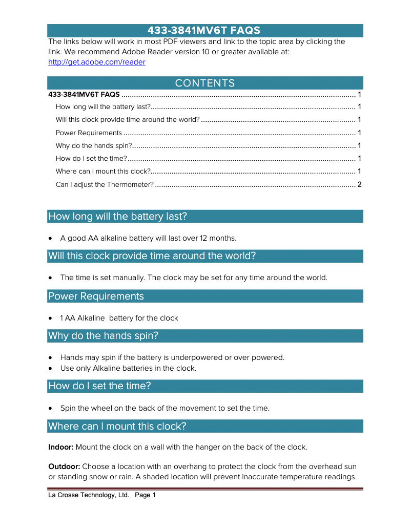 Page 1 de la notice FAQ La Crosse Technology 433-3841MV6T