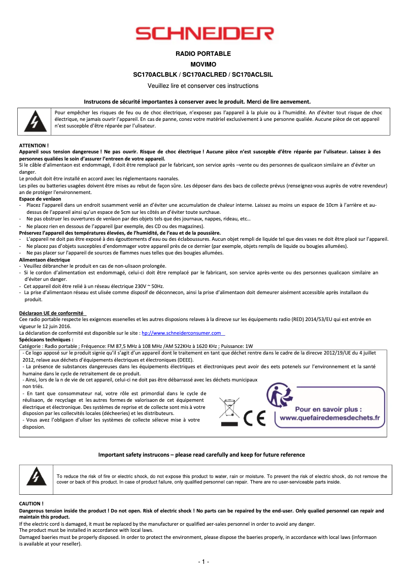 Page 1 de la notice Manuel utilisateur Schneider SC170ACL