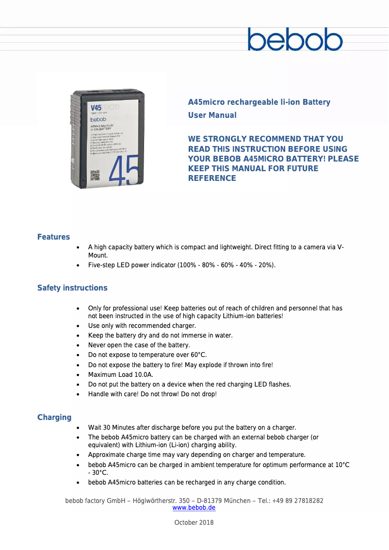 Page 1 de la notice Manuel utilisateur Bebob A45micro