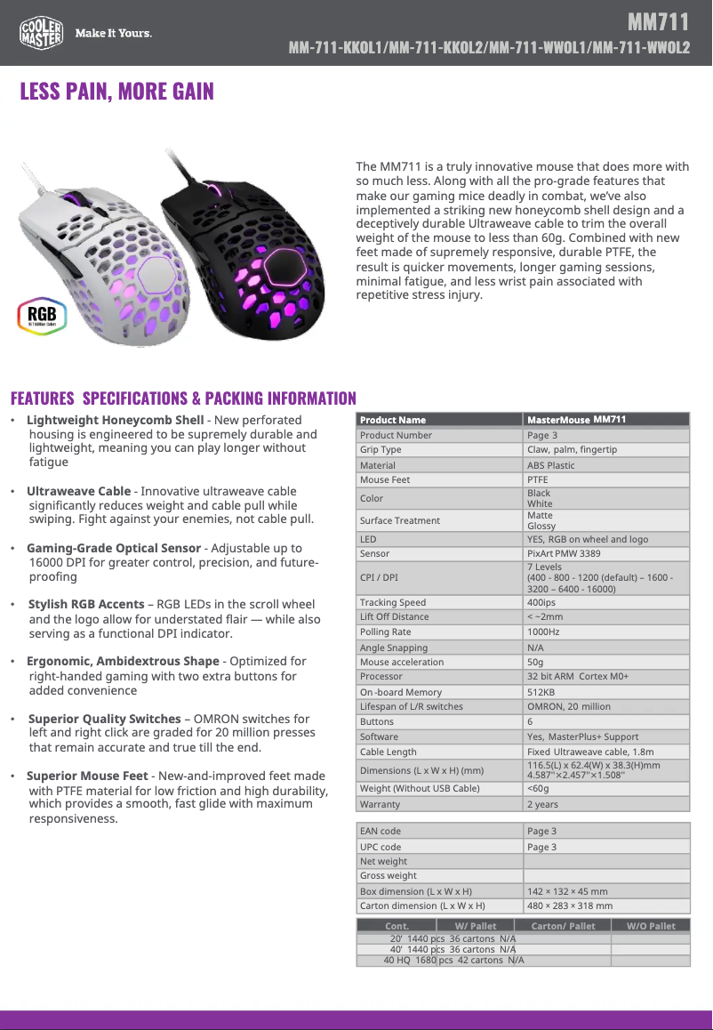 Page 1 de la notice Fiche technique Cooler Master MM711