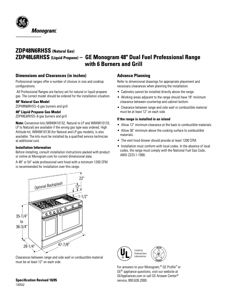 Page n°1 - Fiche technique GE ZDP48N6RHSS