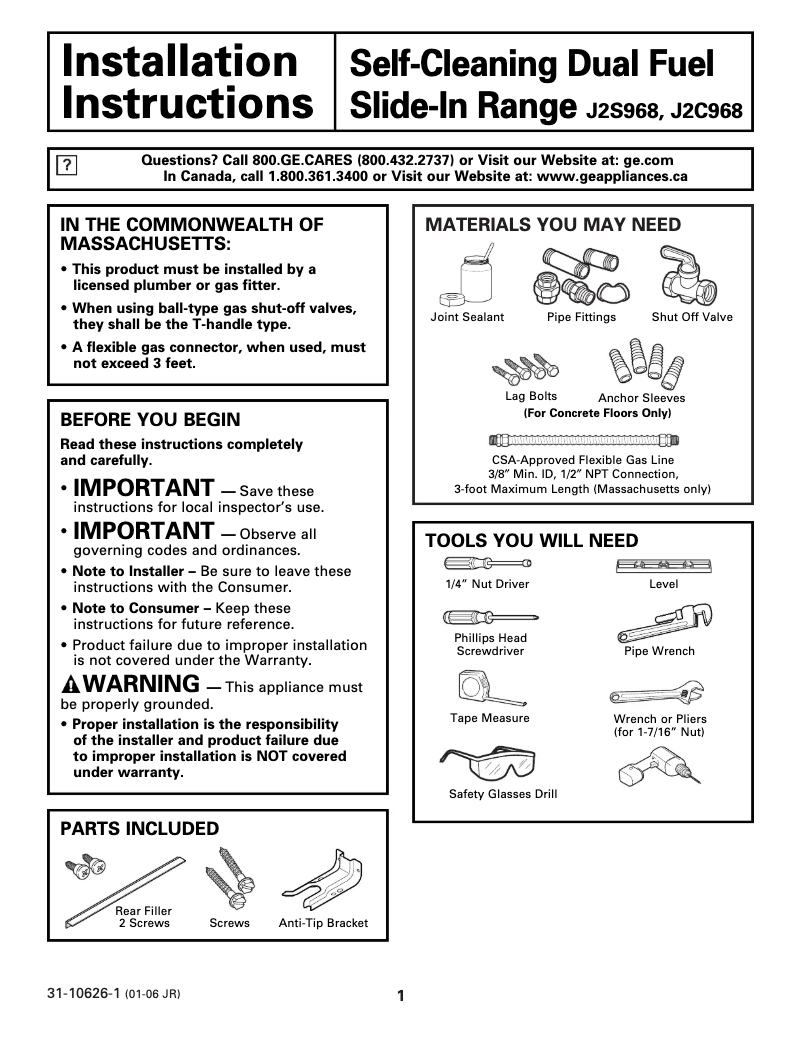 Page n°1 - Guide d'installation GE Profile J2S968BHBB