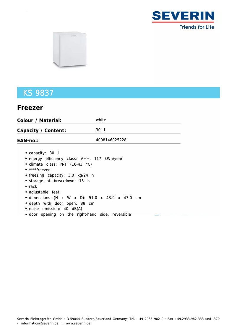 Page 1 de la notice Fiche technique Severin KS 9837