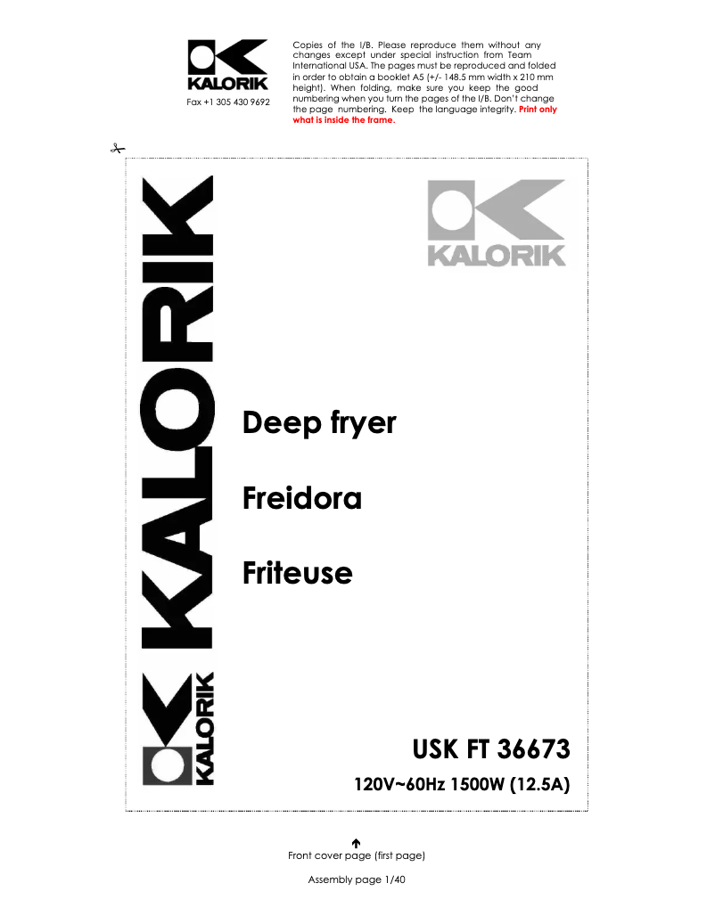 Page 1 de la notice Manuel utilisateur Kalorik FT-36673