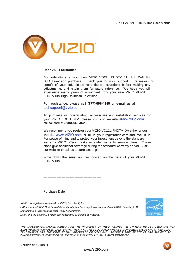 Page 1 de la notice Manuel utilisateur VIZIO VO22LHDTV10T