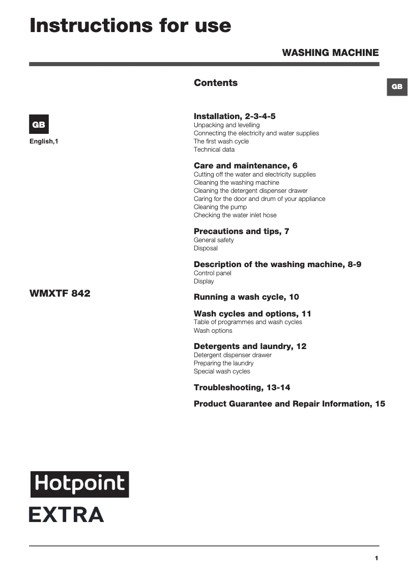 Page n°1 - Manuel utilisateur Hotpoint WMXTF 842P UK.M