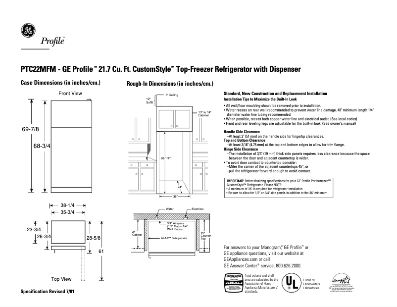 Página 1 del manual Ficha técnica GE Profile CustomStyle PTC22MFMLWW