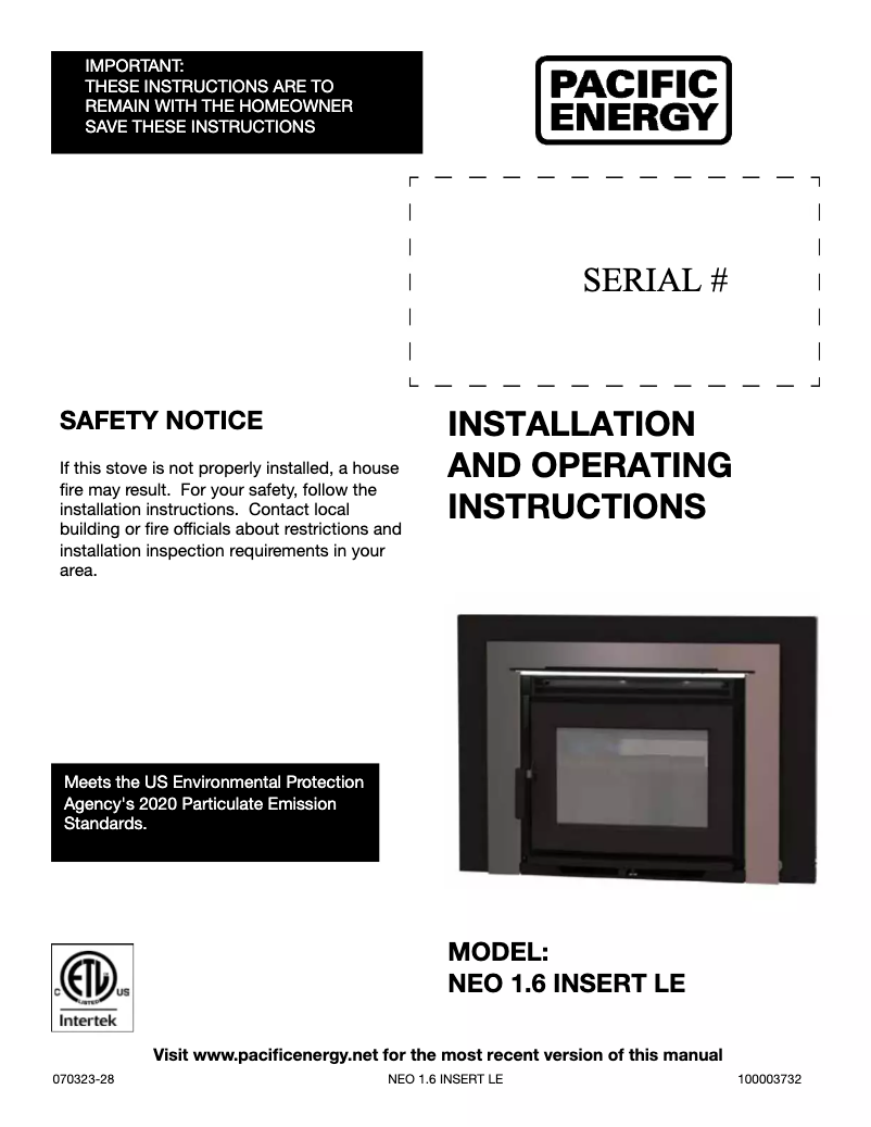 Page n°1 - Manuel utilisateur Pacific Energy Neo 1.6 Insert LE