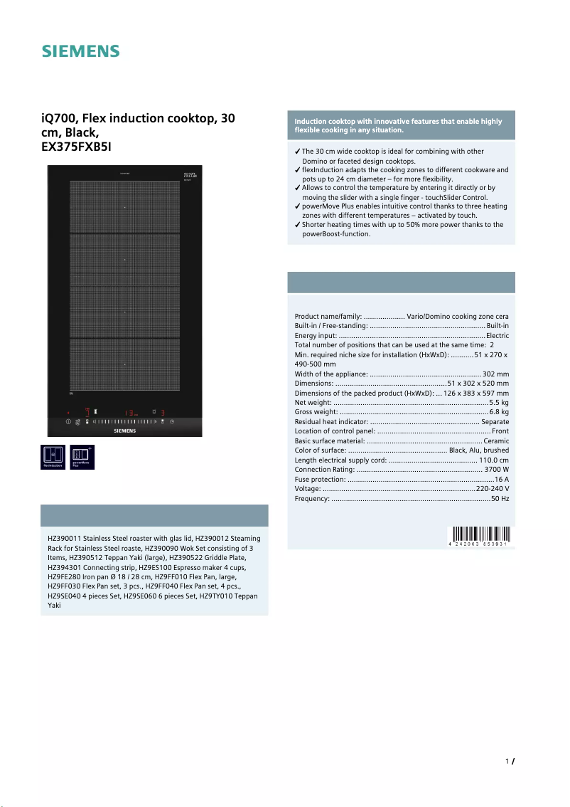 Page n°1 - Fiche technique Siemens EX375FXB5I