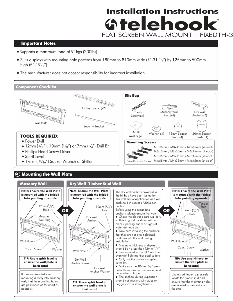 Image de la première page du manuel de l'appareil TH-3070-UF flat panel wall mount