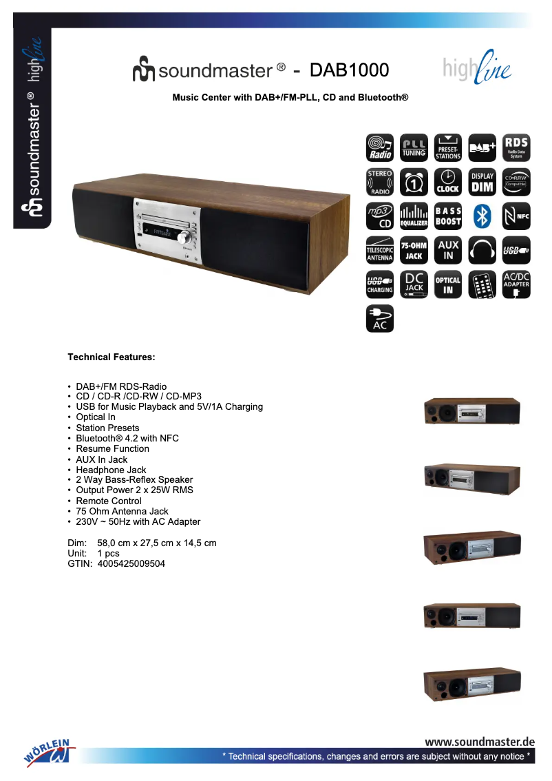 Page 1 de la notice Fiche technique Soundmaster DAB1000