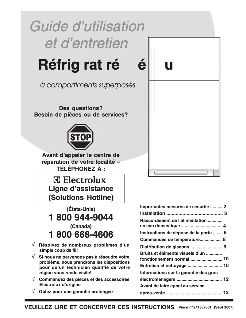 Page n°1 - Manuel utilisateur Frigidaire FRT18S6JQ