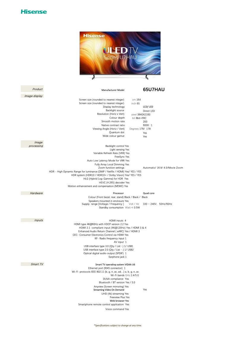 Page 1 de la notice Fiche technique Hisense 65U7HAU