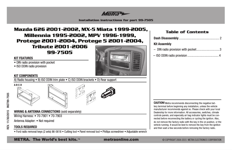 Page n°1 - Guide d'installation Metra 99-7505
