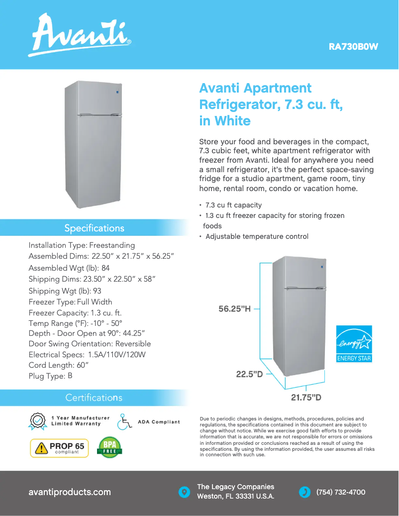 Page n°1 - Fiche technique Avanti RA733B3S
