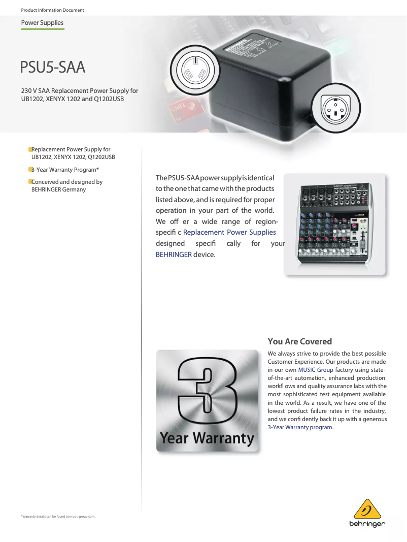 Page n°1 - Manuel utilisateur Behringer PSU5-SAA