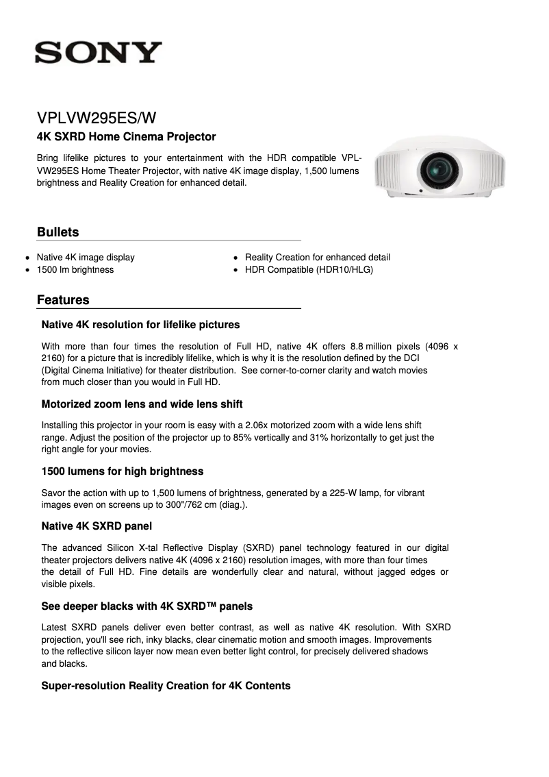 Page 1 de la notice Fiche technique Sony VPL-VW295ES