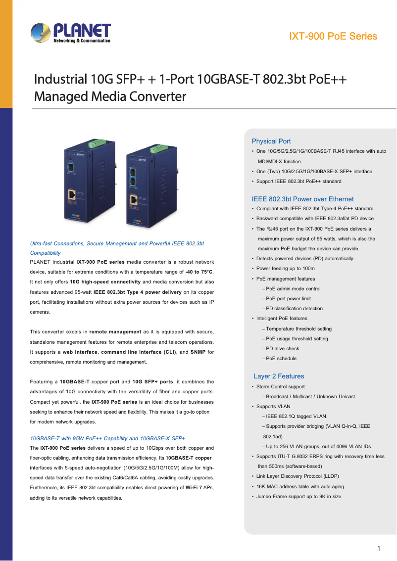 Page 1 de la notice Fiche technique Planet IXT-900-2X1UP