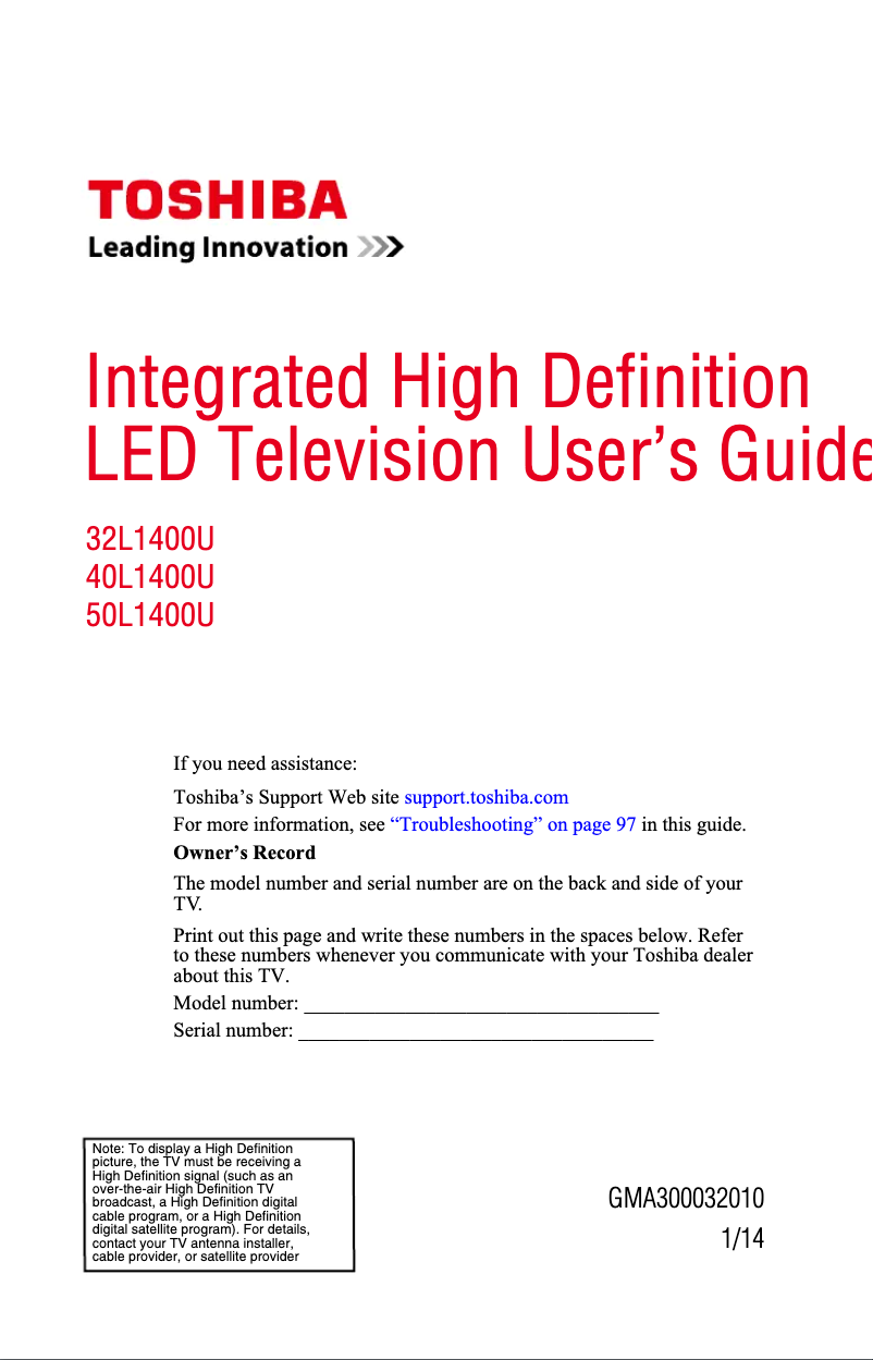 Page 1 de la notice Manuel utilisateur Toshiba 40L1400UM