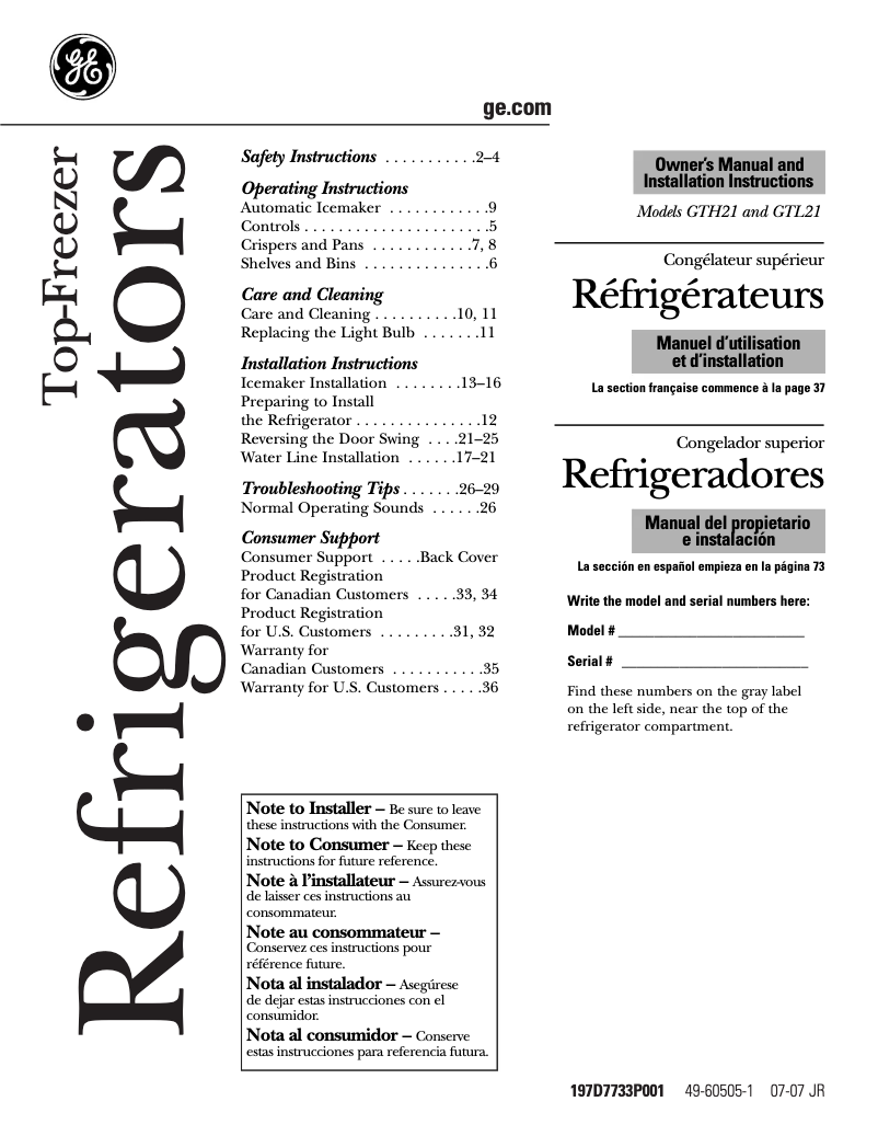 Page 1 de la notice Guide d'installation GE GTH21KCWBB