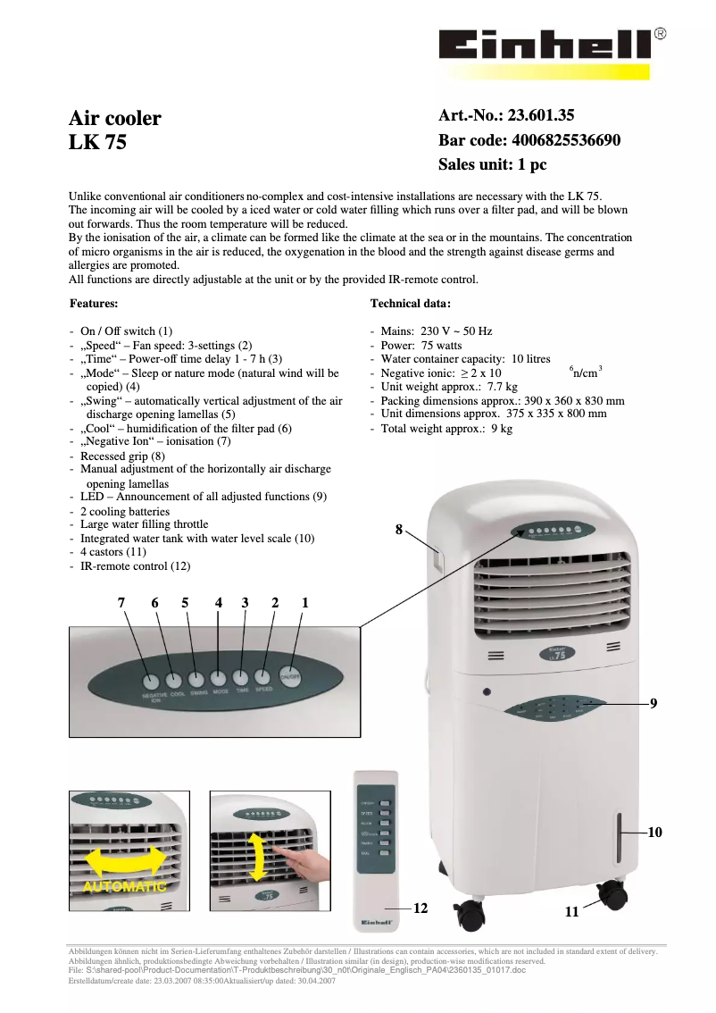 Imagen de la primera página del manual del dispositivo LK 75