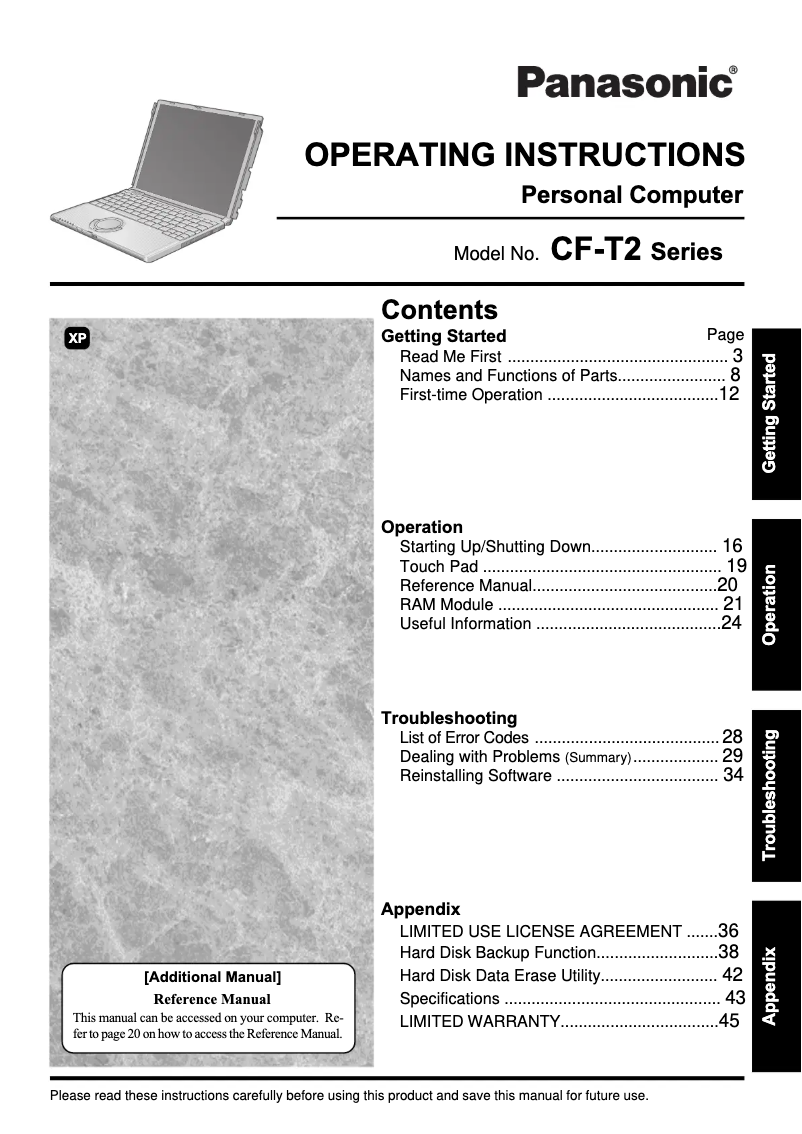 Image de la première page du manuel de l'appareil Toughbook T2