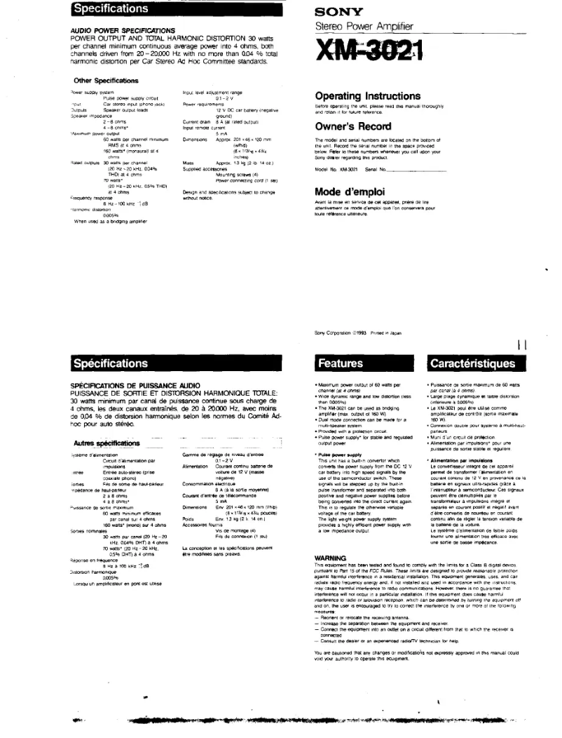 Page n°1 - Manuel utilisateur Sony XM-3021